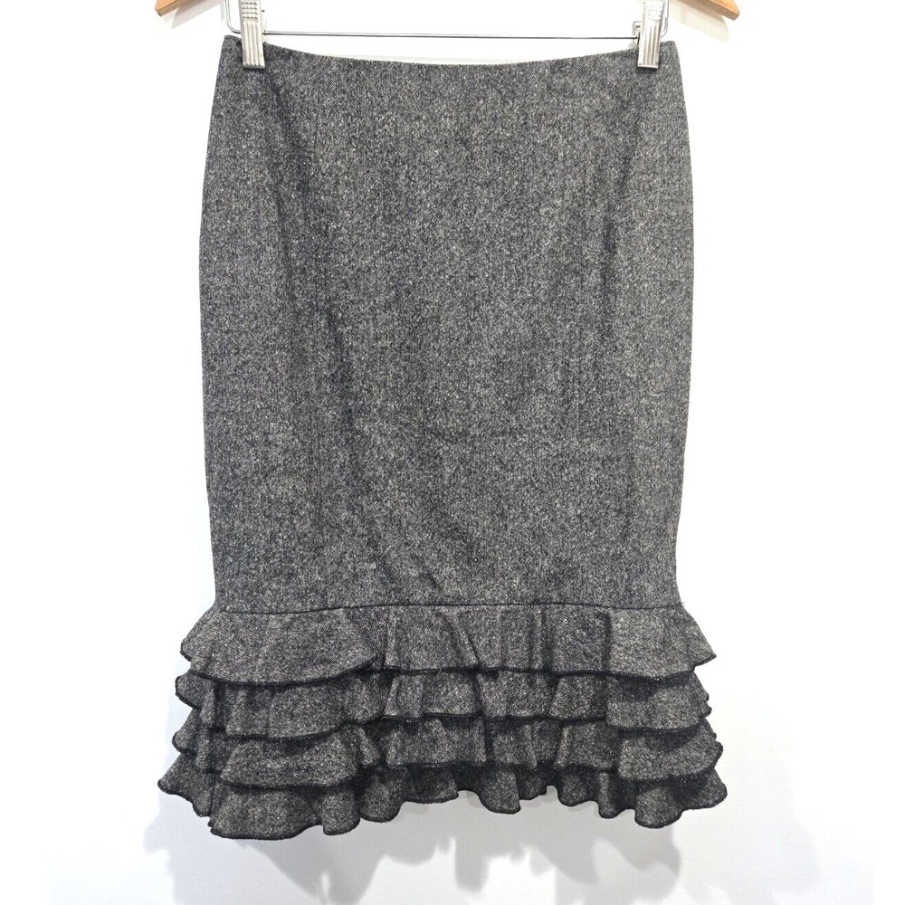 Anthropologie Etcetera Gray Wool Silk Ruffled Knee Length Skirt Y2K Size 2